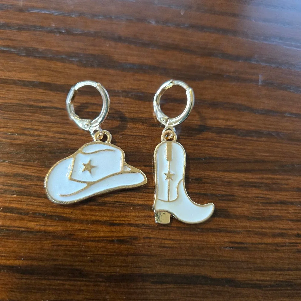 Western Ivory Cowgirl Earring Charm Set | Gold Tone Hat & Boot Clip-On Charms